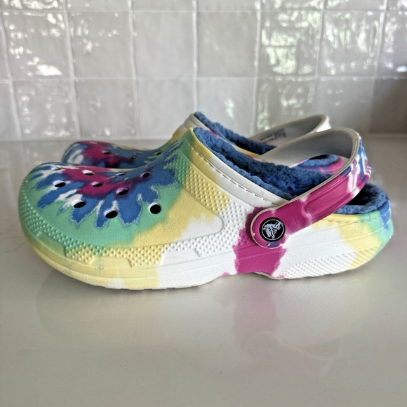 Crocs Classic Clogs Tie-Dye Blue Fur Lining Women 9/Men 7‎ Colorful - Picture 5 of 8